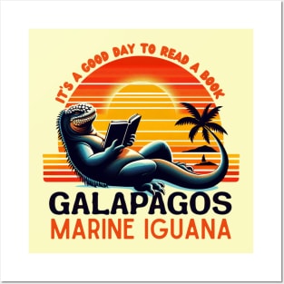 Galapagos marine iguana reading a book and enjoying summer Posters and Art